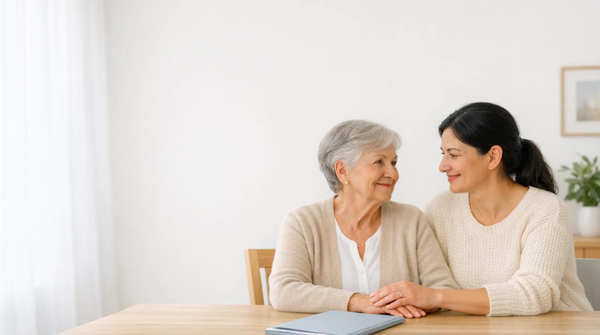 Tochter und Mutter sitzen am Esstisch und sprechen ruhig miteinander